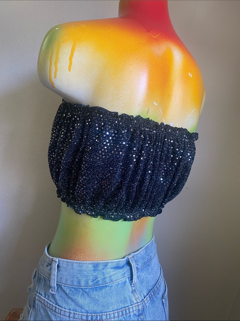 Forever 21 Black Sequin Smocked Ruffle Trim Tube Top NWTs - Picture 5 of 9